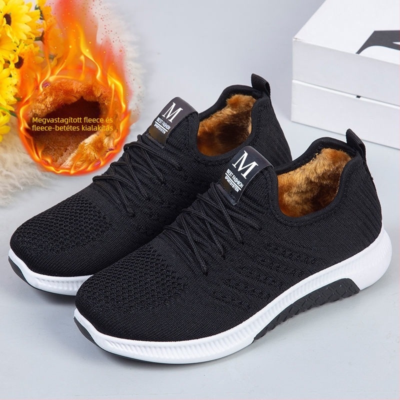 Női téli pamutszövet cipő meleg bolyhos béléssel, slip-on, alacsony boka, kerek orrú, lapos sarok, meleg és csúszásmentes