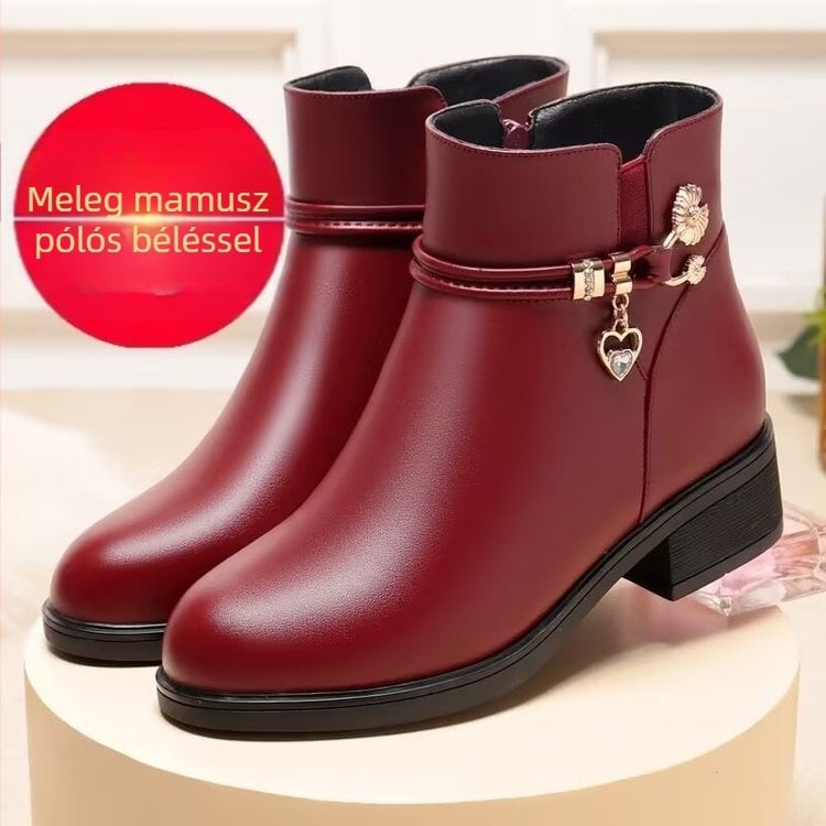 Anyák számára készült női cipő – PU felső, gumírozott talp, pamut belső, oldalsó cipzár, alacsony sarok 1–3 cm, kerek orr, téli–őszi–tavaszi viseletre