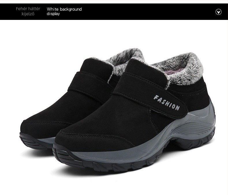 Női téli cipő Velcro-zár, felső rész szintetikus bőr, belső: mesterséges rövid plüss, talp poliuretán, középmagas klínes sarok 3–5 cm