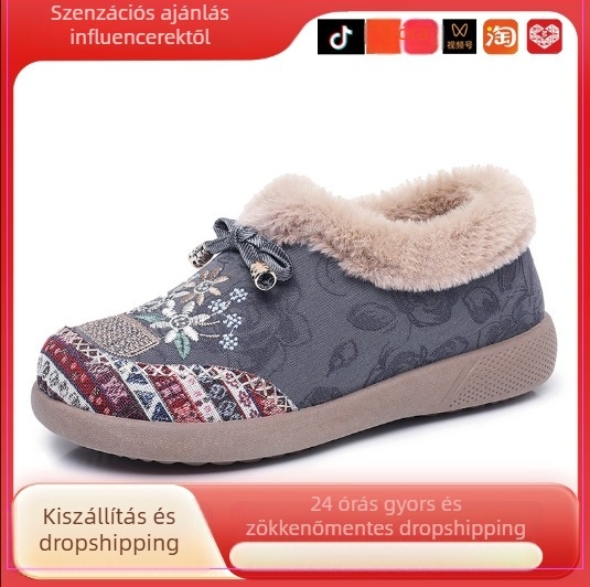Női pamut slip-on cipő hímzett virágmintával, téli meleg bélés, alacsony szárú cipő, PVC talppal