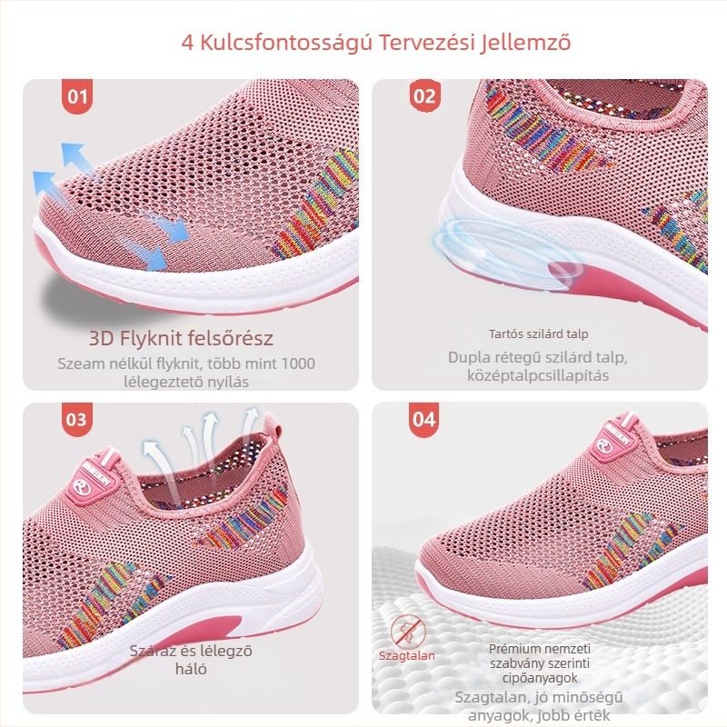 Női szabadidőcipő, lélegző hálós felsőrész, Slip-On kialakítás, EVA belsőbetét, PVC talp