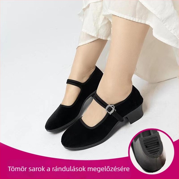 Női Yangko etnikus tánccipő, suede felsőrész, műanyag talp, csattal záródó, négyszögletes sarok 3–5 cm, légáteresztő és csúszásmentes, etnikus stílus