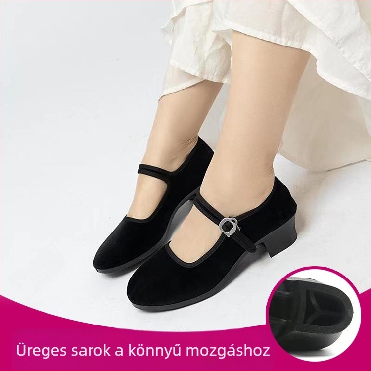 Női Yangko etnikus tánccipő, suede felsőrész, műanyag talp, csattal záródó, négyszögletes sarok 3–5 cm, légáteresztő és csúszásmentes, etnikus stílus