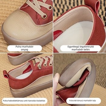 Női retro lazítócipő, két réteg marhabőr felsőrész, elasztikus slip-on, kerek orr, lapos sarok, lélegző talp