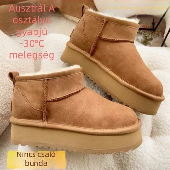 Női téli hócsizmák, 4 cm vastag platformával, gyapjú belső, báránybőr felső, alacsony boka, kerek orr