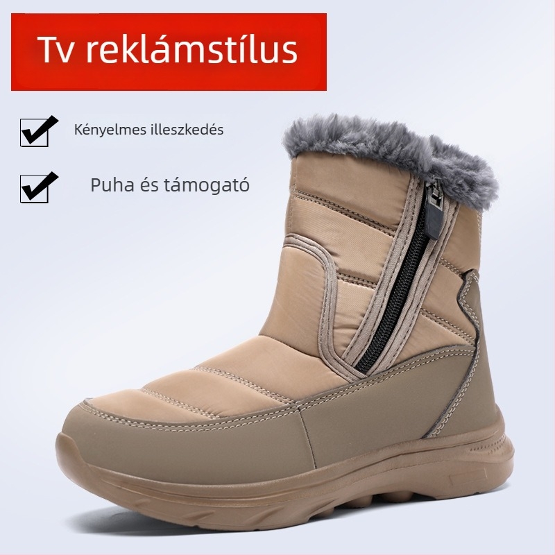Téli magas szárú túracipő szintetikus bőrből, felső része szintetikus bőrből, bőr bélés, gumírozott talp, cipzár, textil talpbetét