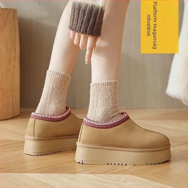 Női etnikus stílusú téli csizma, fleece bélés, slip-on, TPR talp, alacsony szár, kör alakú orr