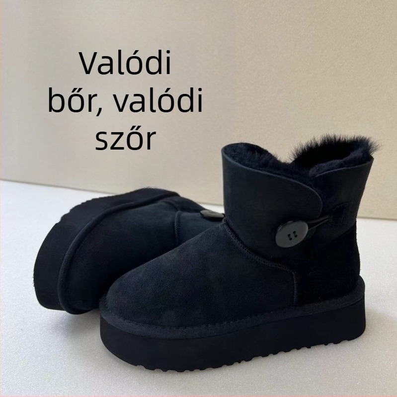 Juhbőr felső rész, belső juhbőr és gyapjú bélés, vastag platformos talp, oldalsó elasztikus zárás