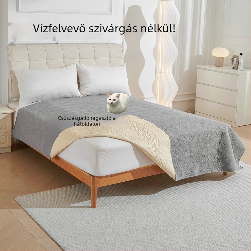 Abszorbeáló, quiltelt ágyneművédő, csúszásmentes, egyszínű, poliészterből, háromrészes készlet: takaró, rugalmas lepedő és vizeletvédő alátét, világosszürke