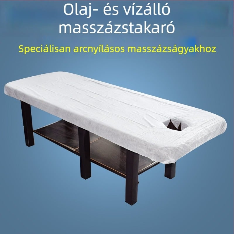 Egyszer használatos kozmetikai ágyvédő lepedő gumival és arcleválasztó nyílással, nem szőtt anyag, porvédő, masszázságyhoz, egyszínű, modern minimalista stílus, 0,9 m méret
