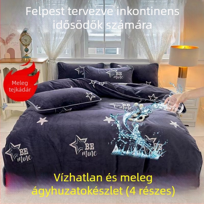 2025-ös új tej-velúr vízálló paplanhuzat plüss béléssel, négy darabos ágyneműkészlet (lepedő és párnahuzatok)