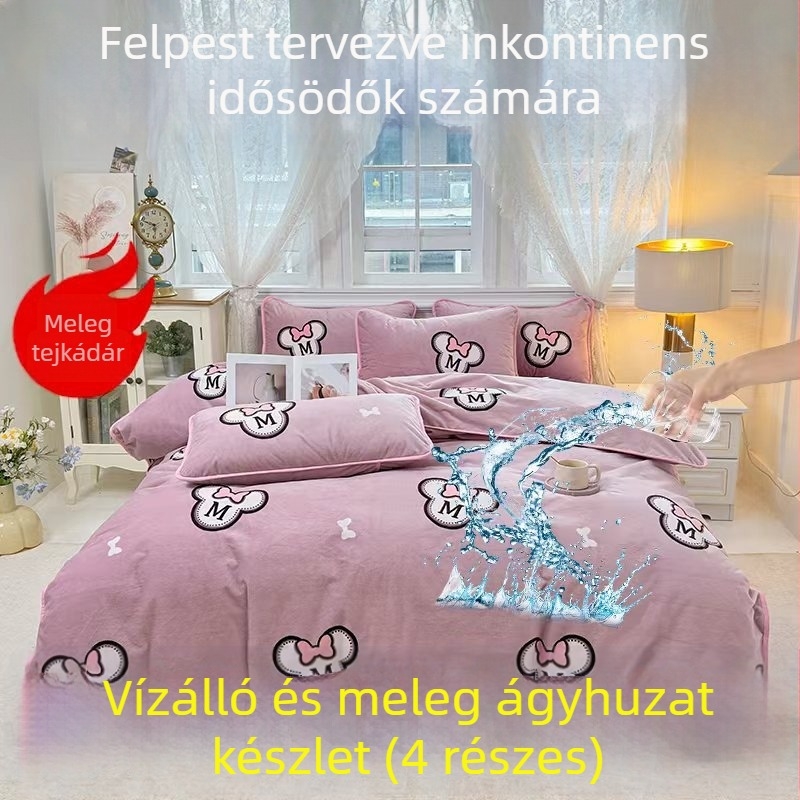 2025-ös új tej-velúr vízálló paplanhuzat plüss béléssel, négy darabos ágyneműkészlet (lepedő és párnahuzatok)