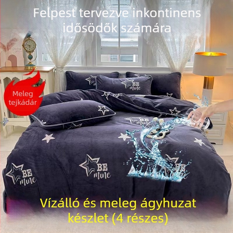 2025-ös új tej-velúr vízálló paplanhuzat plüss béléssel, négy darabos ágyneműkészlet (lepedő és párnahuzatok)