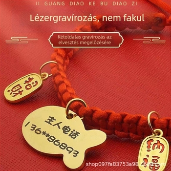 Gravírozott háziállat-azonosító nyaklánc macskáknak és kutyáknak, rozsdamentes acélból, piros zsinórral, elvesztés elleni, rajzfilmszerű stílus