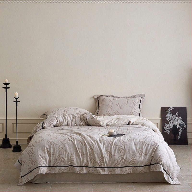 4 részes ágyneműkészlet Wabi-Sabi stílusban, jacquard satin pamut és len, bőrbarát és légáteresztő, minden évszakra
