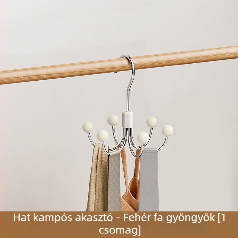 Gardróbakasztó forgatható hatszárú kialakítással, vasból készült, teherbírás 3–5 kg, többfunkciós tároló akasztó