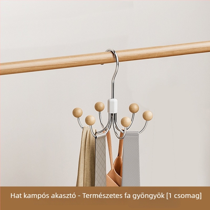 Gardróbakasztó forgatható hatszárú kialakítással, vasból készült, teherbírás 3–5 kg, többfunkciós tároló akasztó