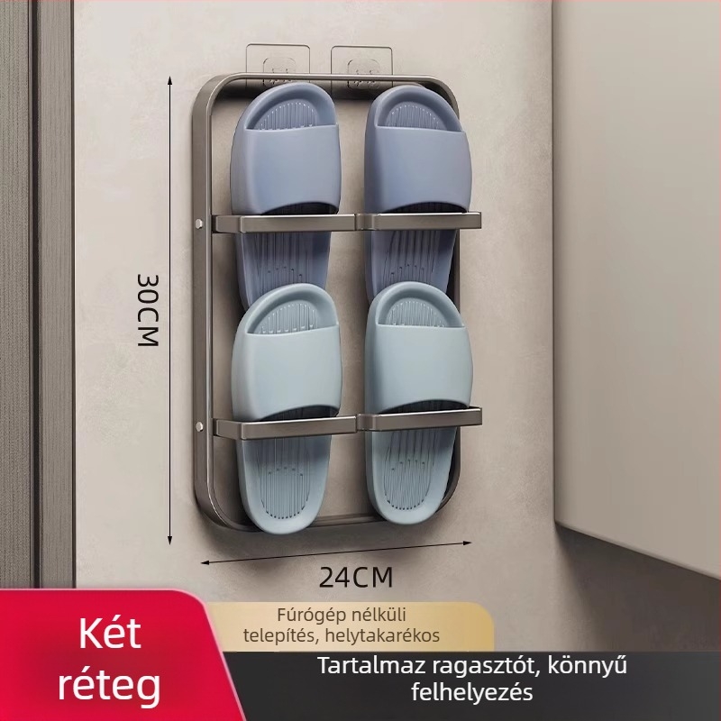 Fém papucsos polc a fürdőszobában, lyukasztás nélküli falra szerelés, 4 szintes tároló a fürdőszobába