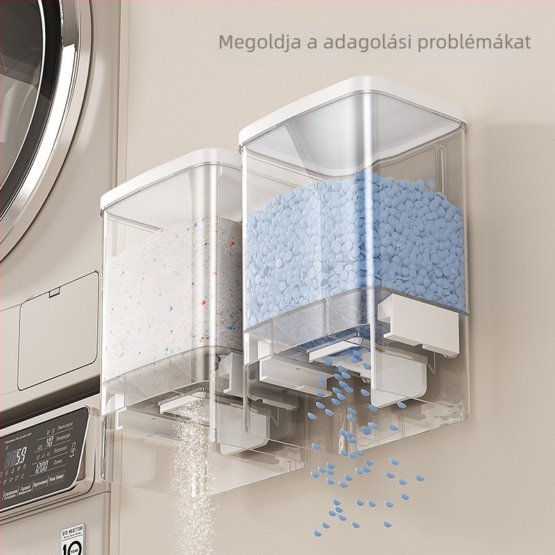 Fali PET műanyag mosószer-tároló – átlátszó, fúrás nélküli szerelés, 800-1000 ml, por- és nedvességálló