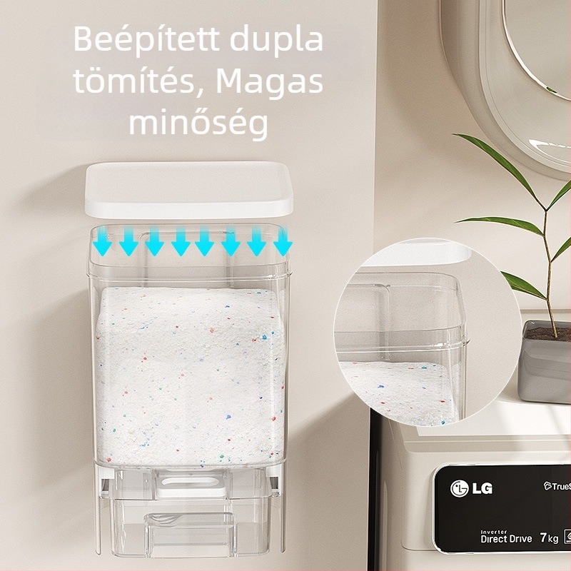 Fali PET műanyag mosószer-tároló – átlátszó, fúrás nélküli szerelés, 800-1000 ml, por- és nedvességálló