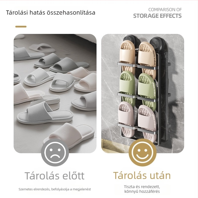 Fürdőszobai papucsos polc, falra szerelhető, fúrás nélkül, rozsdamentes acélból, 1 szint, hordozható