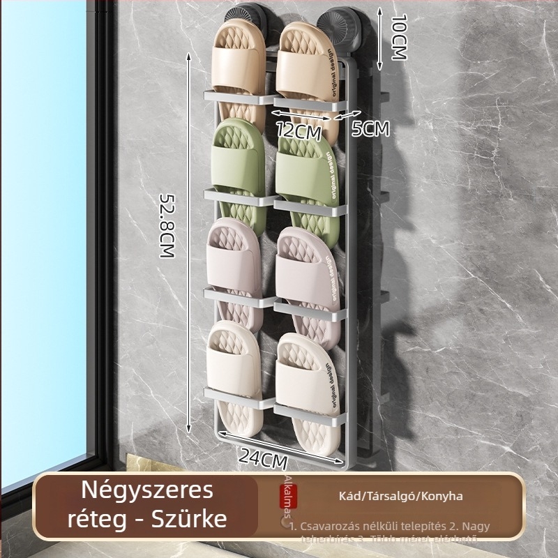 Fürdőszobai papucsos polc, falra szerelhető, fúrás nélkül, rozsdamentes acélból, 1 szint, hordozható