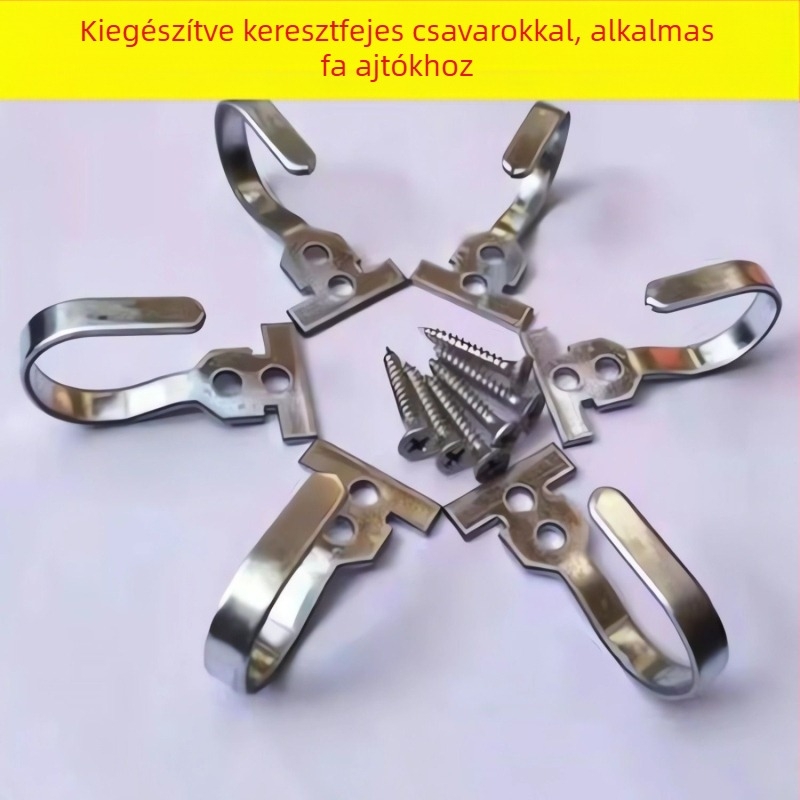 Súlyos kivitelű galvanizált vas fogók ajtófüggönyökhöz; alkalmas fa keretes ajtókhoz és alumínium ötvözetű ablakokhoz; masszív fali akasztók ruhákhoz és táskákhoz