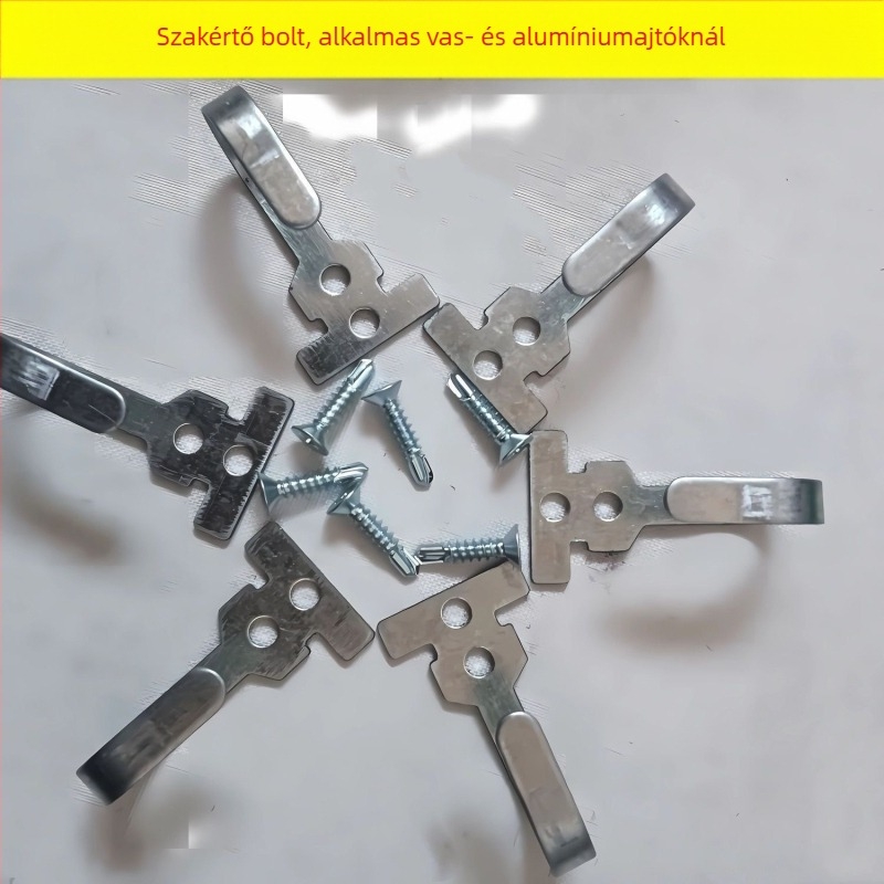 Súlyos kivitelű galvanizált vas fogók ajtófüggönyökhöz; alkalmas fa keretes ajtókhoz és alumínium ötvözetű ablakokhoz; masszív fali akasztók ruhákhoz és táskákhoz