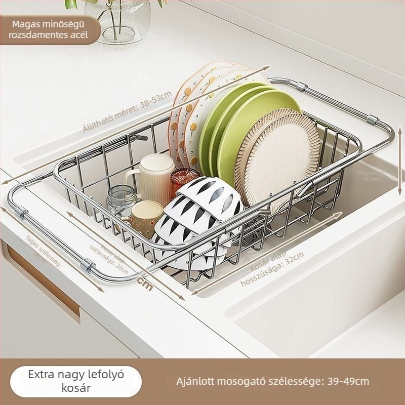 Rozsdamentes acél leeresztő kosár mosogatóhoz, kihúzható, falra szerelhető, mozgatható, telepítés nélkül