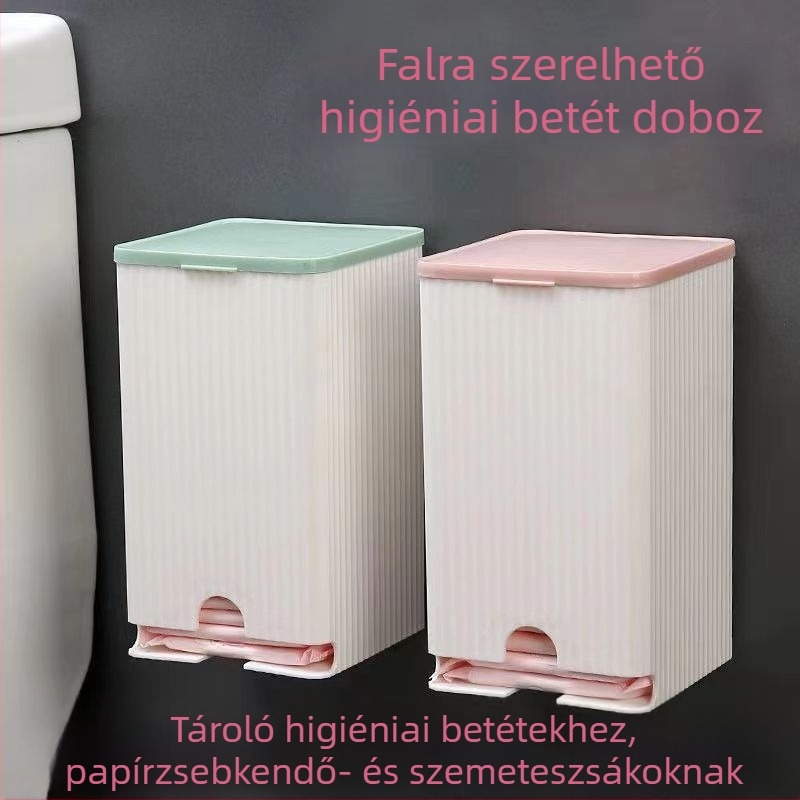 Fali szerelhető többfunkciós higiéniai betét tároló, porvédett, fedéllel, modell: Pull, anyag: PP