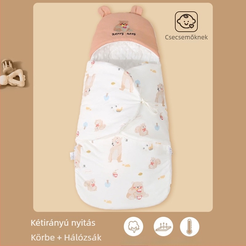 Újszülött: egyben alvózsák integrált anti-kick takaróval, 100% pamut, őszi-téli használatra.