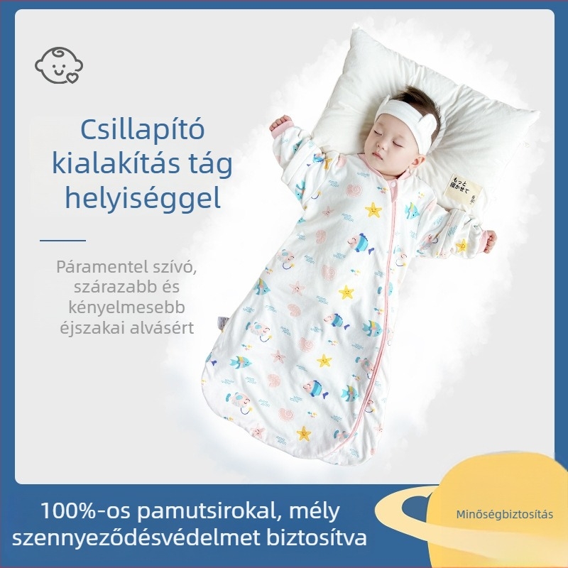 Minden évszakos csecsemő alvózsák, envelope stílus, 95%+ pamut külső és bélés, levehető ujjak, mosható, 80 cm hosszú