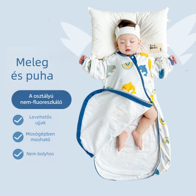 Minden évszakos csecsemő alvózsák, envelope stílus, 95%+ pamut külső és bélés, levehető ujjak, mosható, 80 cm hosszú