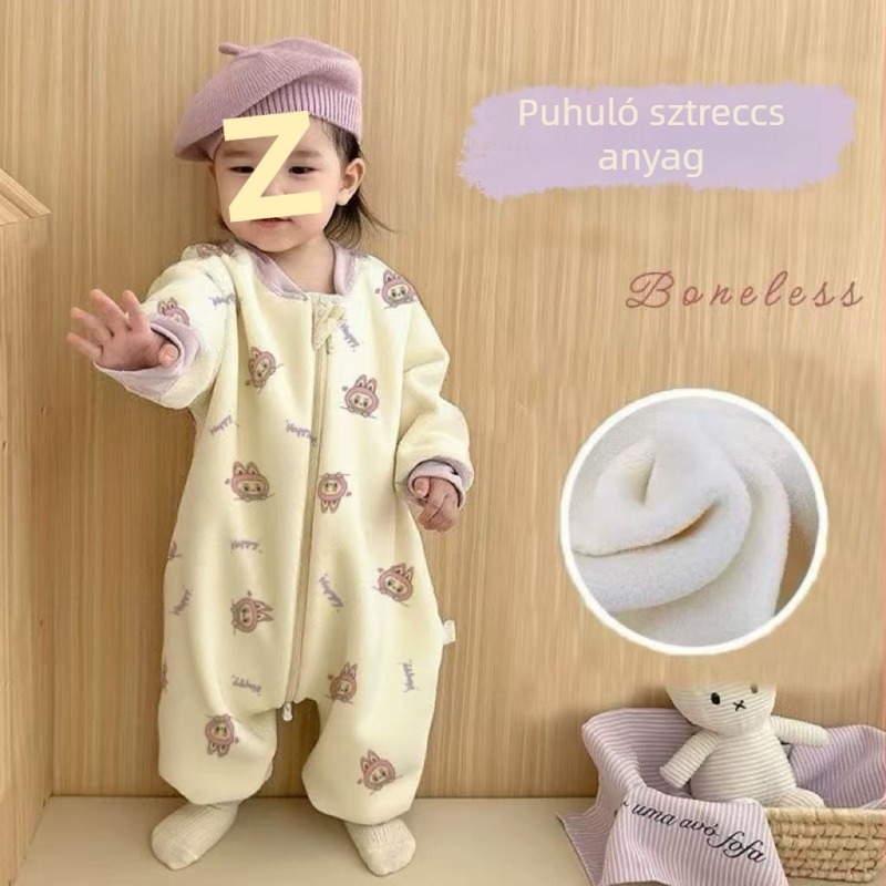 Gyerekeknek készült cipzáros spacíruha, meleg és vastagon bélelt, 100% pamut külső, kasmír töltet, rajzfilm stílusú, otthoni viselet ősz-télre