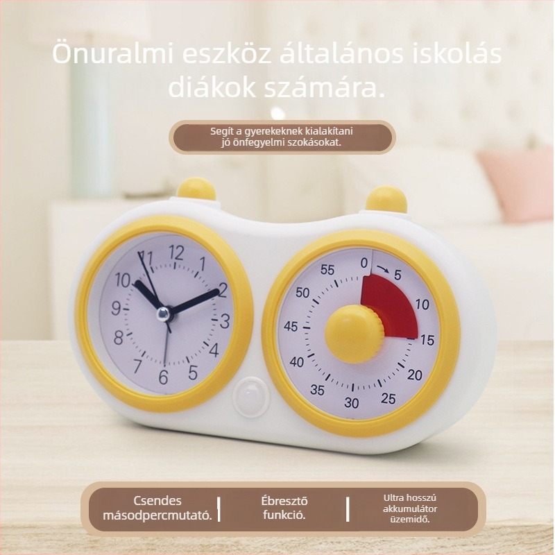 Kétképernyős vizuális időzítő ébresztőóra – kvarc mechanizmus, mutatós kijelző, elemmel működik, műanyag ház, rajzfilmszerű forma