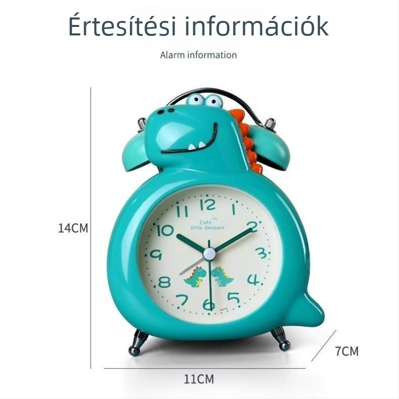Karikatúra-stílusú ébresztőóra kétcsengővel és fényfunkcióval, analóg, elemes, fém ház, műanyag számlap, sima másodperces mozgás