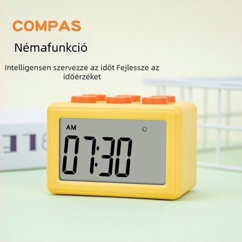 Három az egyben időmérő, csendes elektronikus óra, LCD kijelző, négyzet alakú kivitel, elemről működik