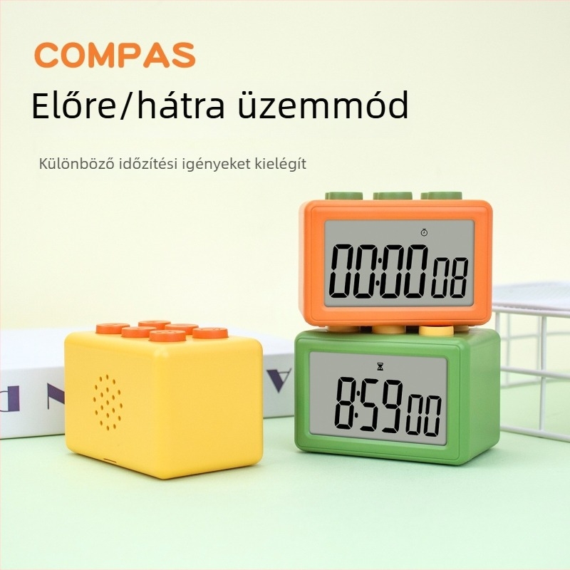 Három az egyben időmérő, csendes elektronikus óra, LCD kijelző, négyzet alakú kivitel, elemről működik
