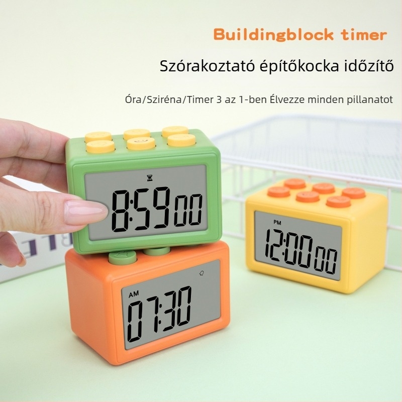 Három az egyben időmérő, csendes elektronikus óra, LCD kijelző, négyzet alakú kivitel, elemről működik