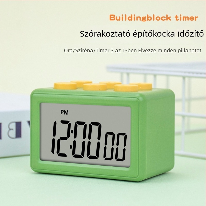 Három az egyben időmérő, csendes elektronikus óra, LCD kijelző, négyzet alakú kivitel, elemről működik