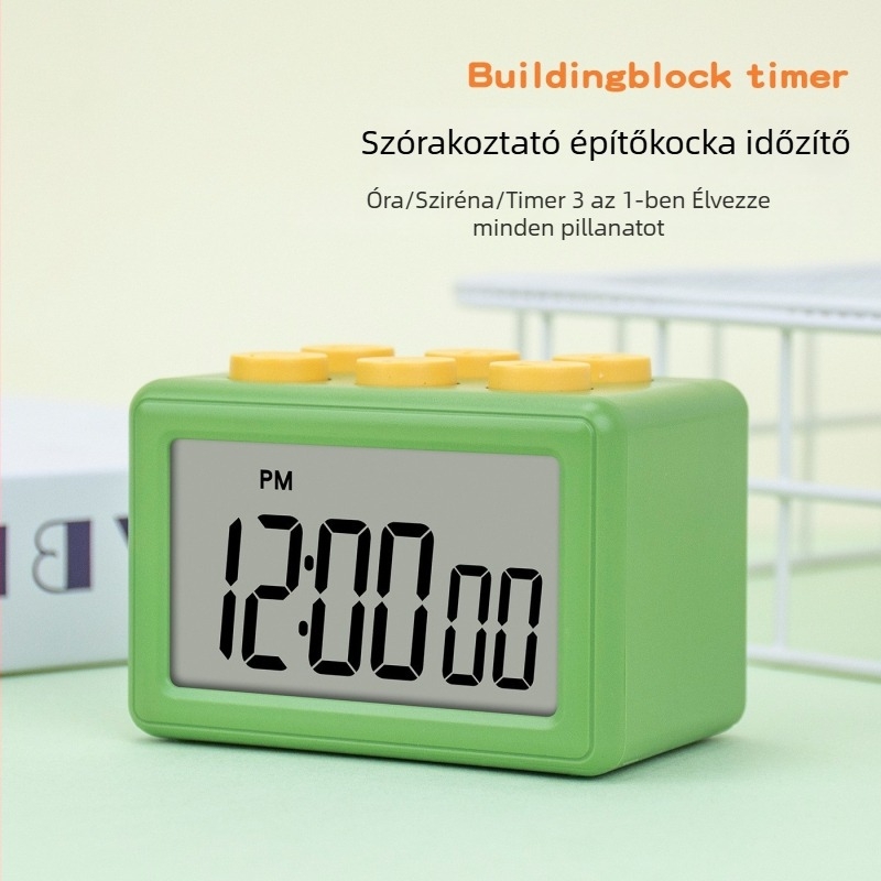 Három az egyben időmérő, csendes elektronikus óra, LCD kijelző, négyzet alakú kivitel, elemről működik