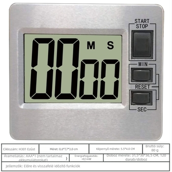 Konyhai időzítő LCD kijelzővel, elektronikus működés, visszaszámláló ébresztővel, elemmel működik
