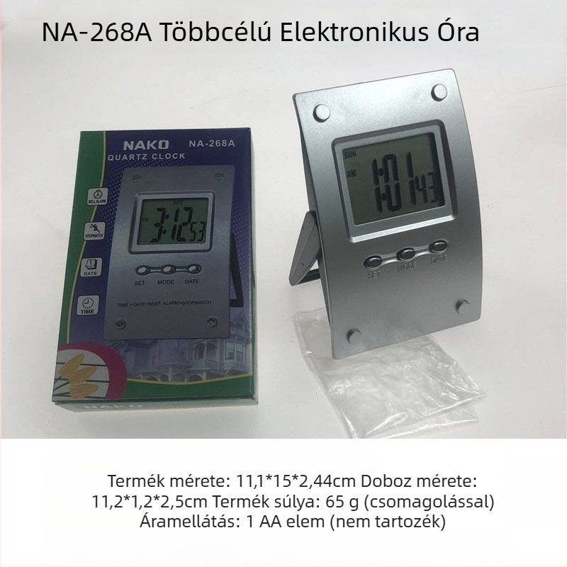 Digitális ébresztőóra LED kijelzővel, elektronikus mozgással, műanyag ház, elemről működik, testreszabható logó.