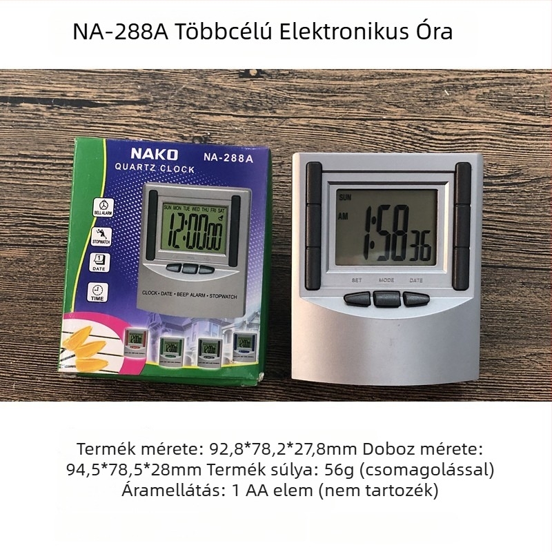 Digitális ébresztőóra LED kijelzővel, elektronikus mozgással, műanyag ház, elemről működik, testreszabható logó.