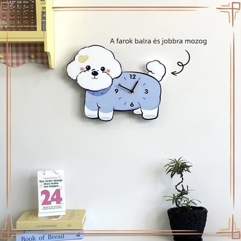 Karikatúra stílusú falióra bichon motívummal – kvarc működésű, elemmel működtetett, egyoldalas, fa tokozású ház és számlap, analóg kijelző számokkal