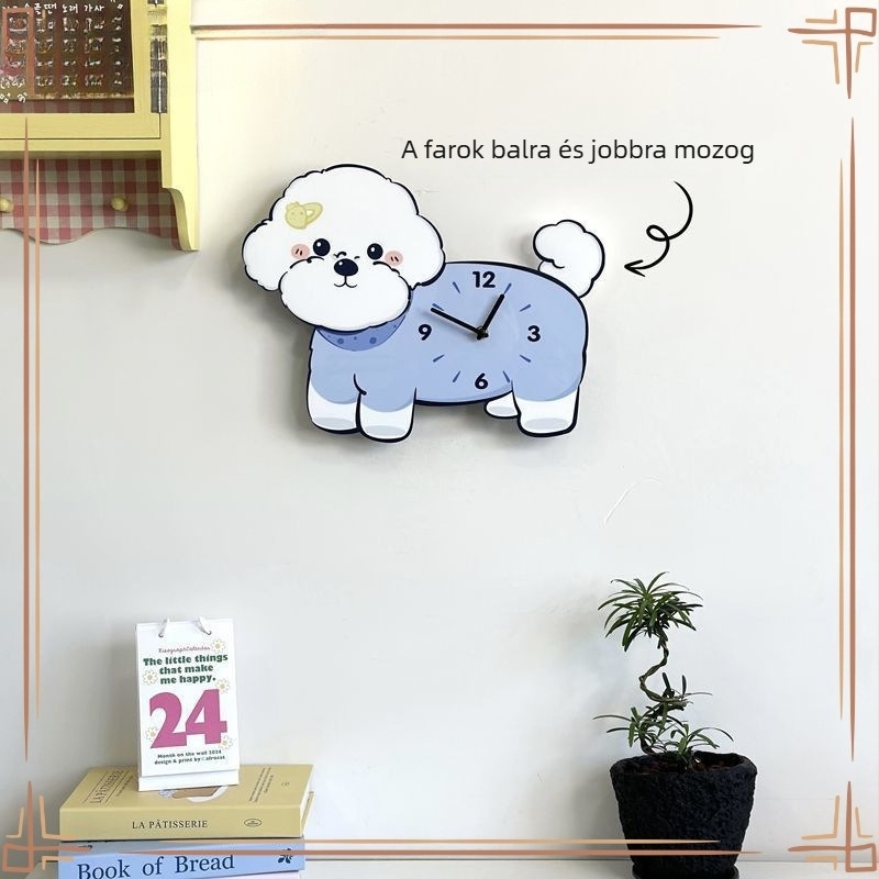 Karikatúra stílusú falióra bichon motívummal – kvarc működésű, elemmel működtetett, egyoldalas, fa tokozású ház és számlap, analóg kijelző számokkal
