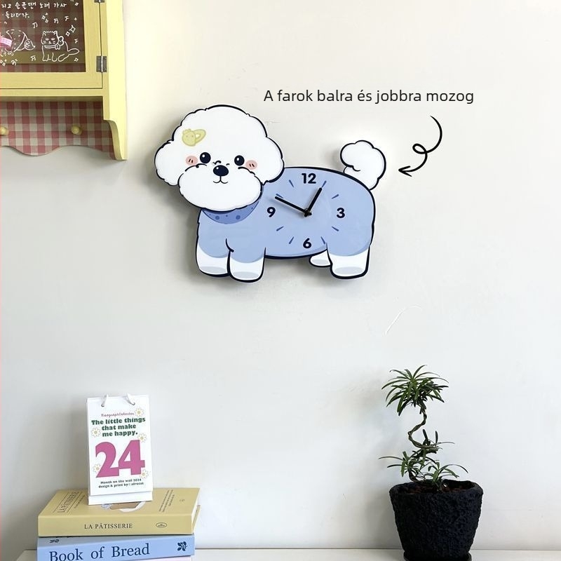 Karikatúra stílusú falióra bichon motívummal – kvarc működésű, elemmel működtetett, egyoldalas, fa tokozású ház és számlap, analóg kijelző számokkal