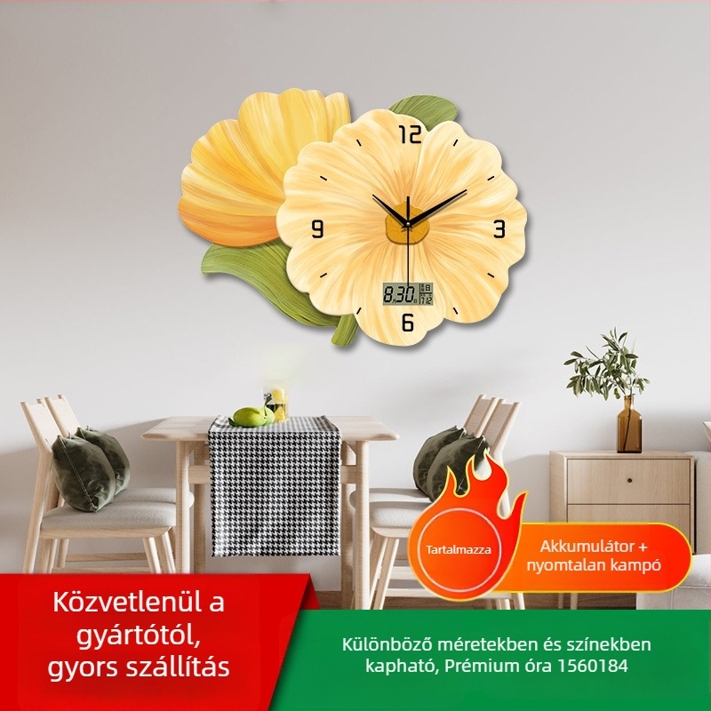 Elegáns falióra nappaliba virágos dizájnnal, fúrás nélküli felszerelés, csendes kvarcmozgás
