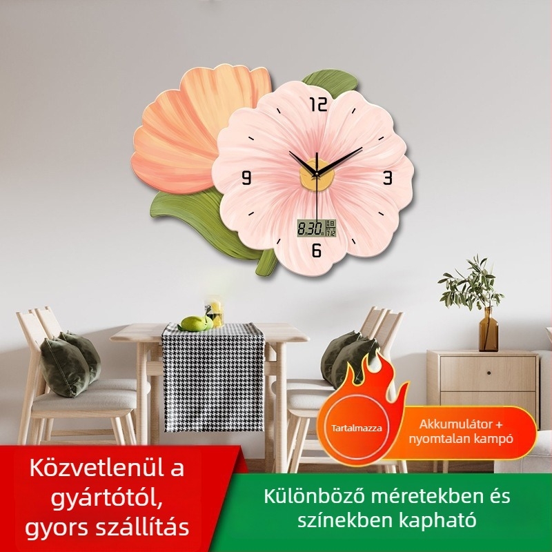 Elegáns falióra nappaliba virágos dizájnnal, fúrás nélküli felszerelés, csendes kvarcmozgás