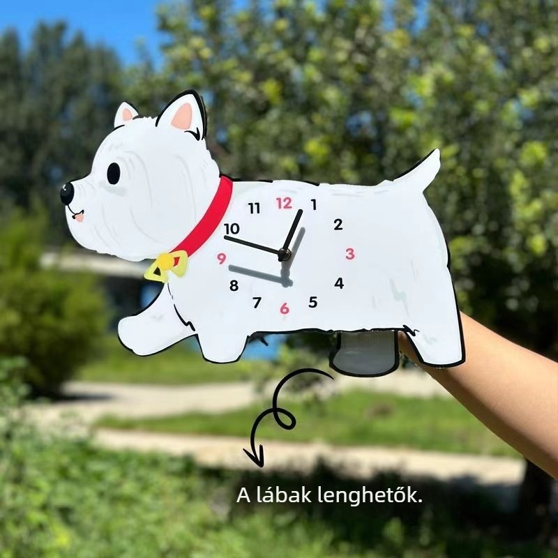 Kutyás rajzfilmszerű falióra, téglalap alakú fa tokkal, bevont üveggel, elemes kvarcos mozgás, analóg számlap számokkal